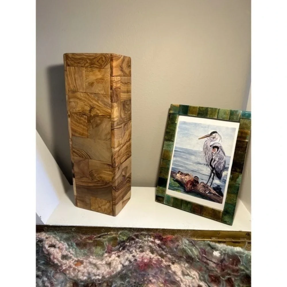 Olive Wood Patchwork Rectangular Vase Decorative‎ Mosaic Wood Holder 10.5 Inch